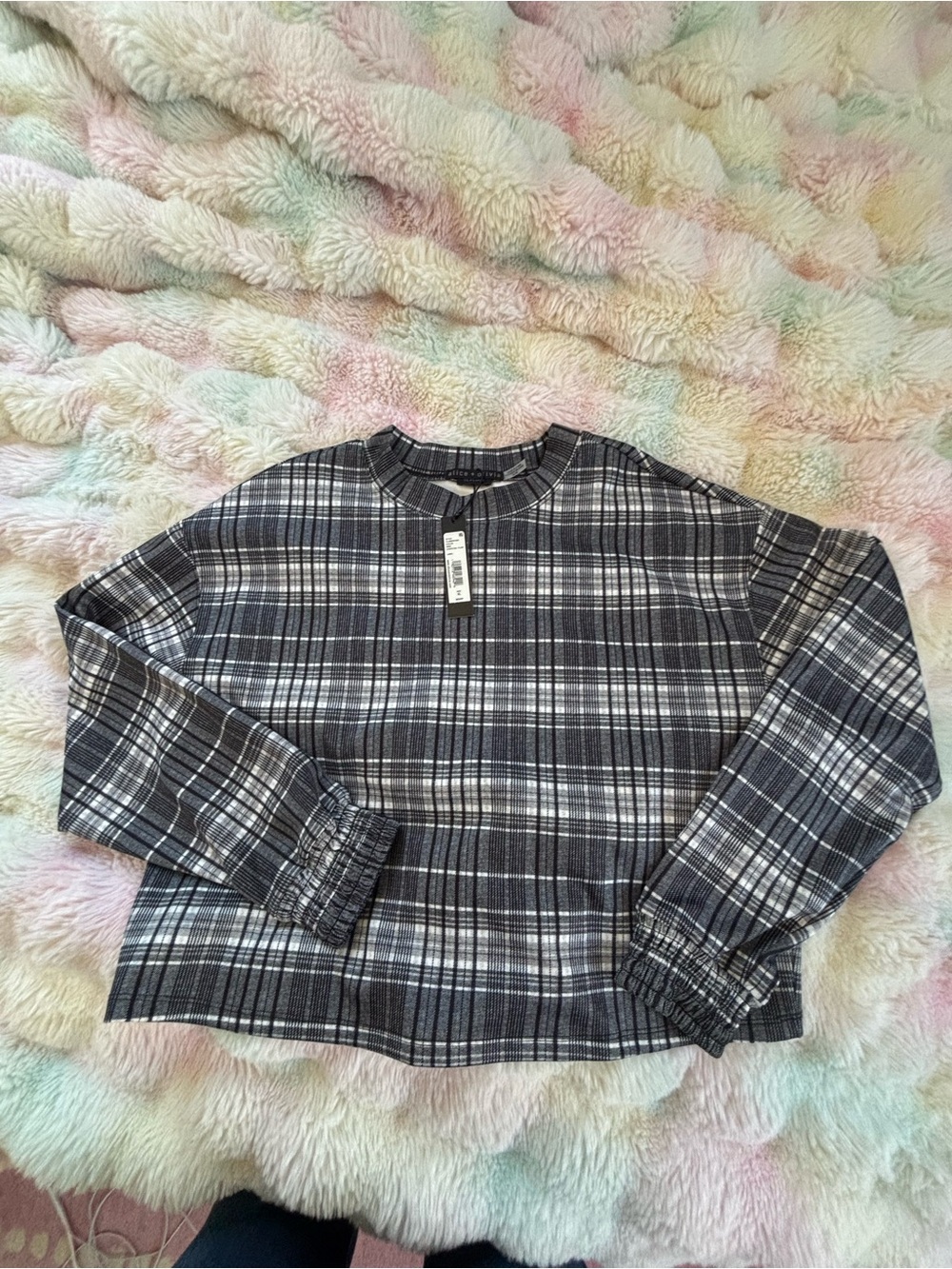NWT Alice + Olivia Charcoal Plaid Crewneck Sweatshirt XL Pullover Top